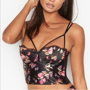 Victorias Secret Womens Floral Satin Bustier 34B Black Lingerie Sexy Intimate